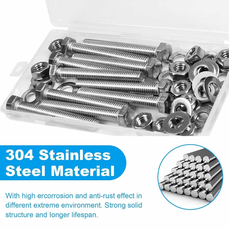 Yinpecly 5 Sets 5/16-18x5 Hex Head Screw Bolt, Nuts, Flat & Lock Washers, Stainless Steel 304, Machine Fully Thread Hex Bolts, Bright Finish Hexagon Bolt, Nuts and Bolts Assortment Kit - Image 4